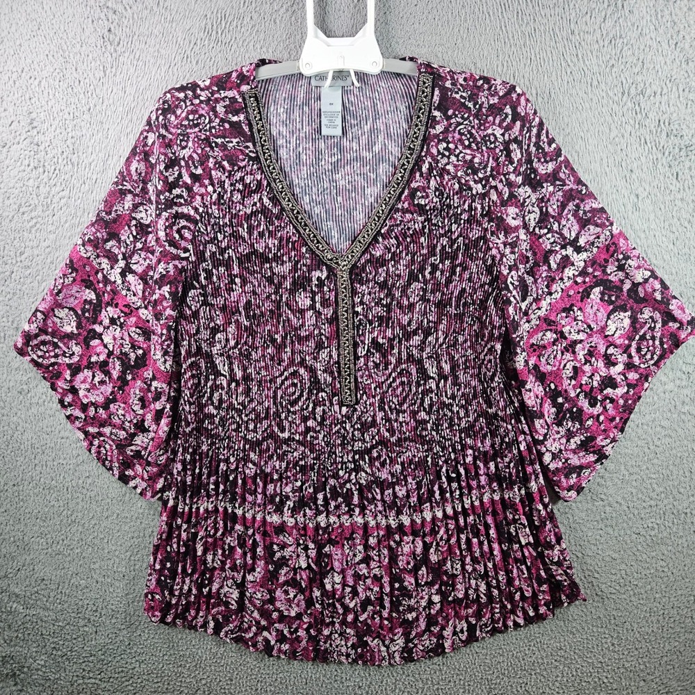 Catherines Plus Size 0X 3/4 Sleeve‎ V-Neck Blouse Floral Beaded Pleated Top